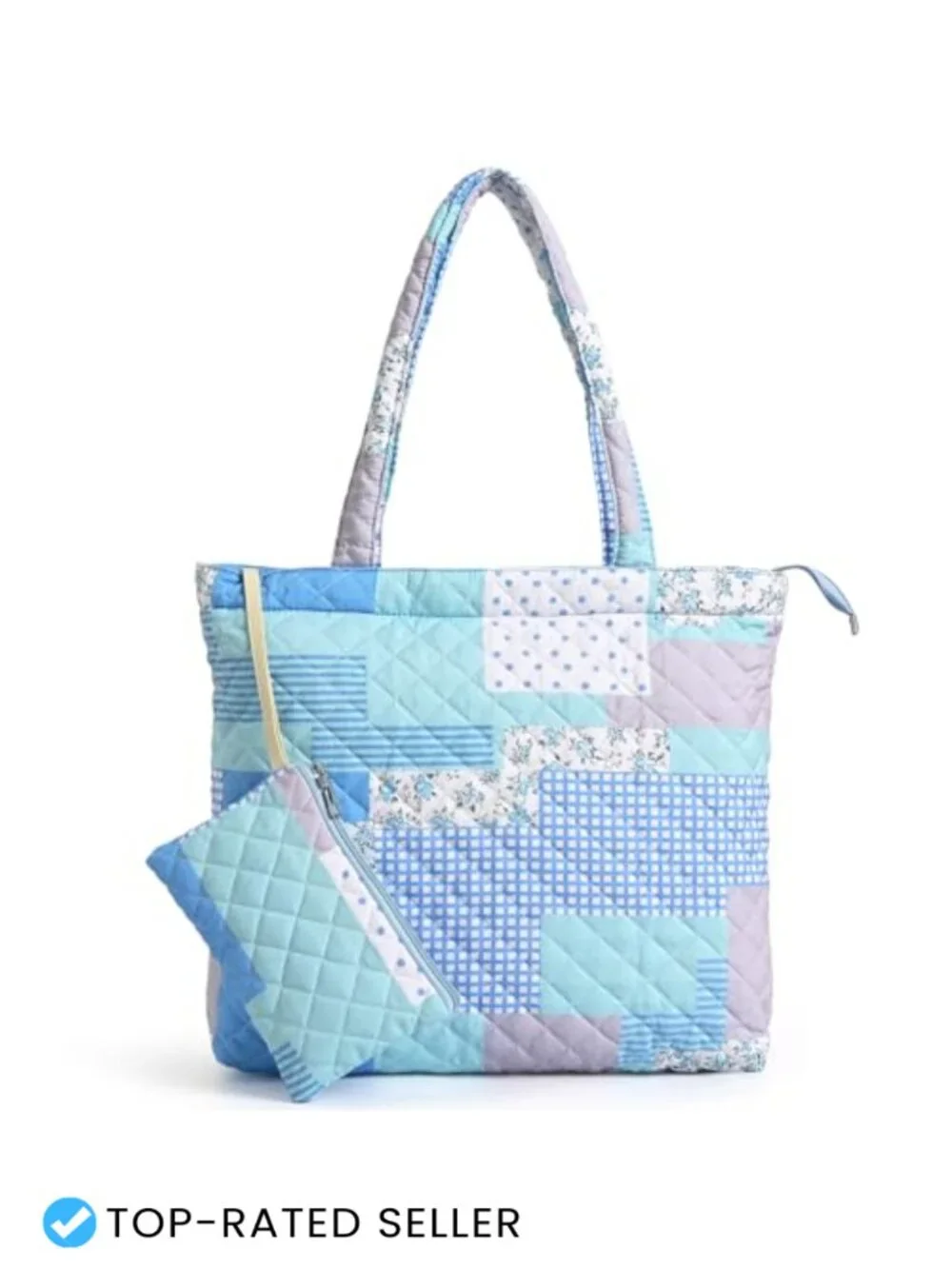 Large Quilted Puffer Tote Bag with Detachable Pouch, Zippered Cotton Carryall